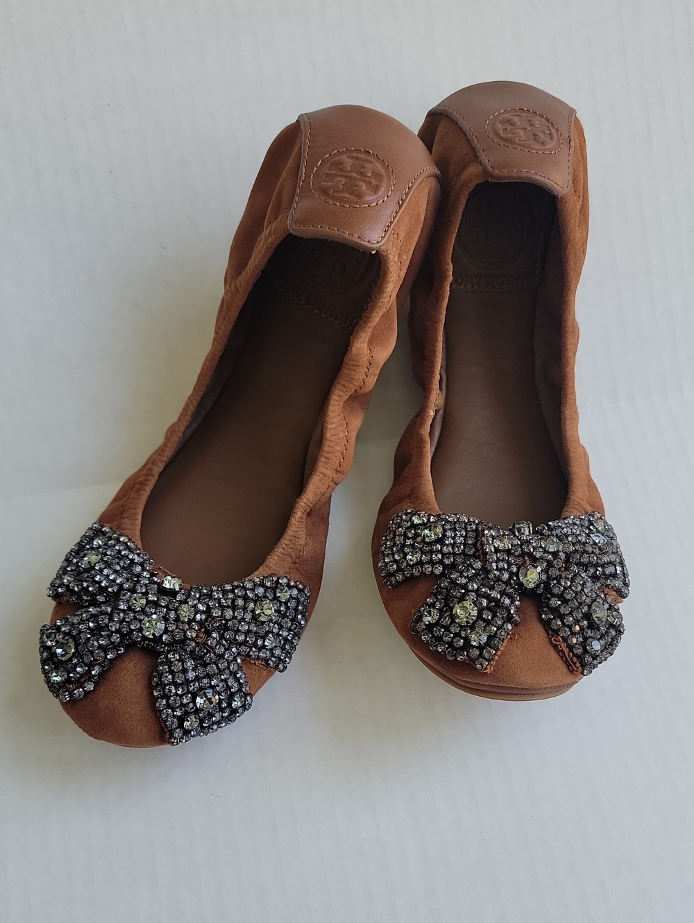 Tory Burch Brown Suede Ballet Flats with Crystal Bow